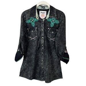 Roar Embellished Black Denim Western Rhinestone Top Size M